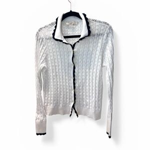 Loft Cardigan Sheer Summer Sz XL Scalloped Trim Black White Preppy